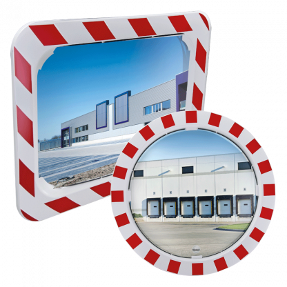 Espejo de seguridad con marco rojo y blanco
